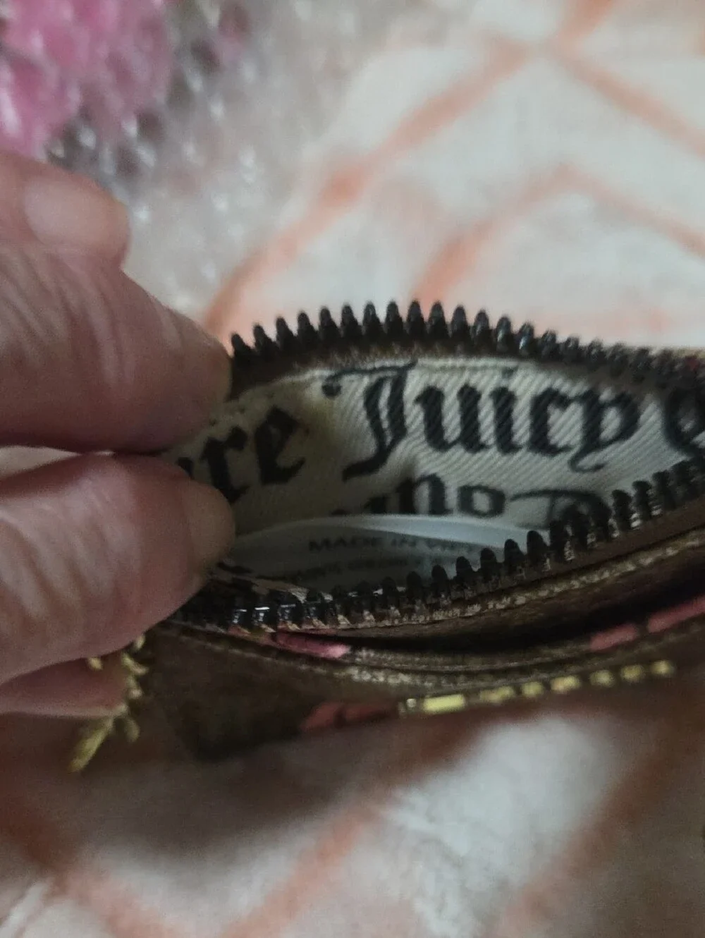 Juicy Couture Brown Card Holder Pink Rose Print & Gold Heart Keychain Coin Purse